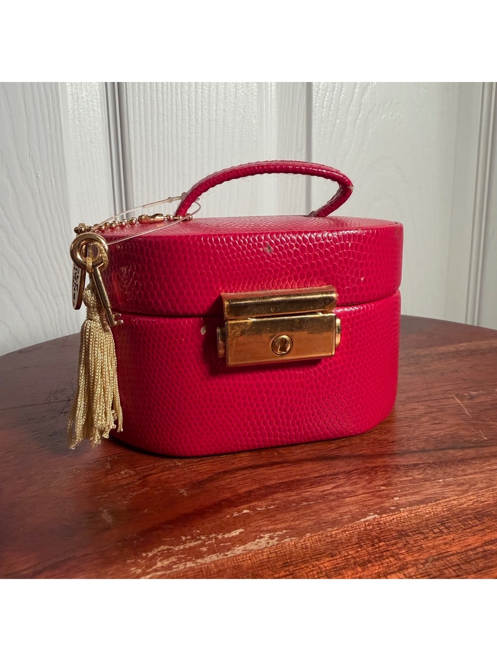 Vintage 90s WOLF Designs Genuine Leather Mini Jewelry Box Pink Gold Tassel